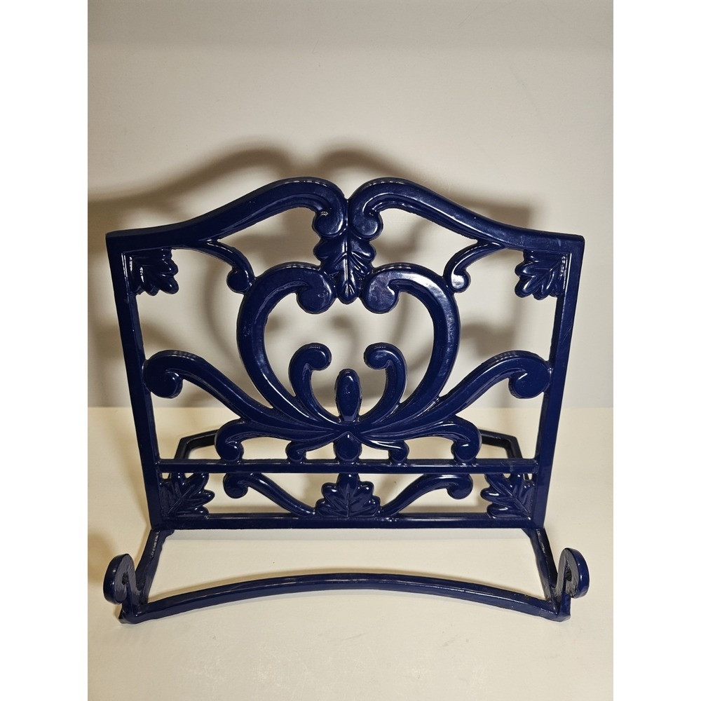 Cobalt Blue Cast Iron Book Holder Display Stand with Scroll - Picture 3 of 5